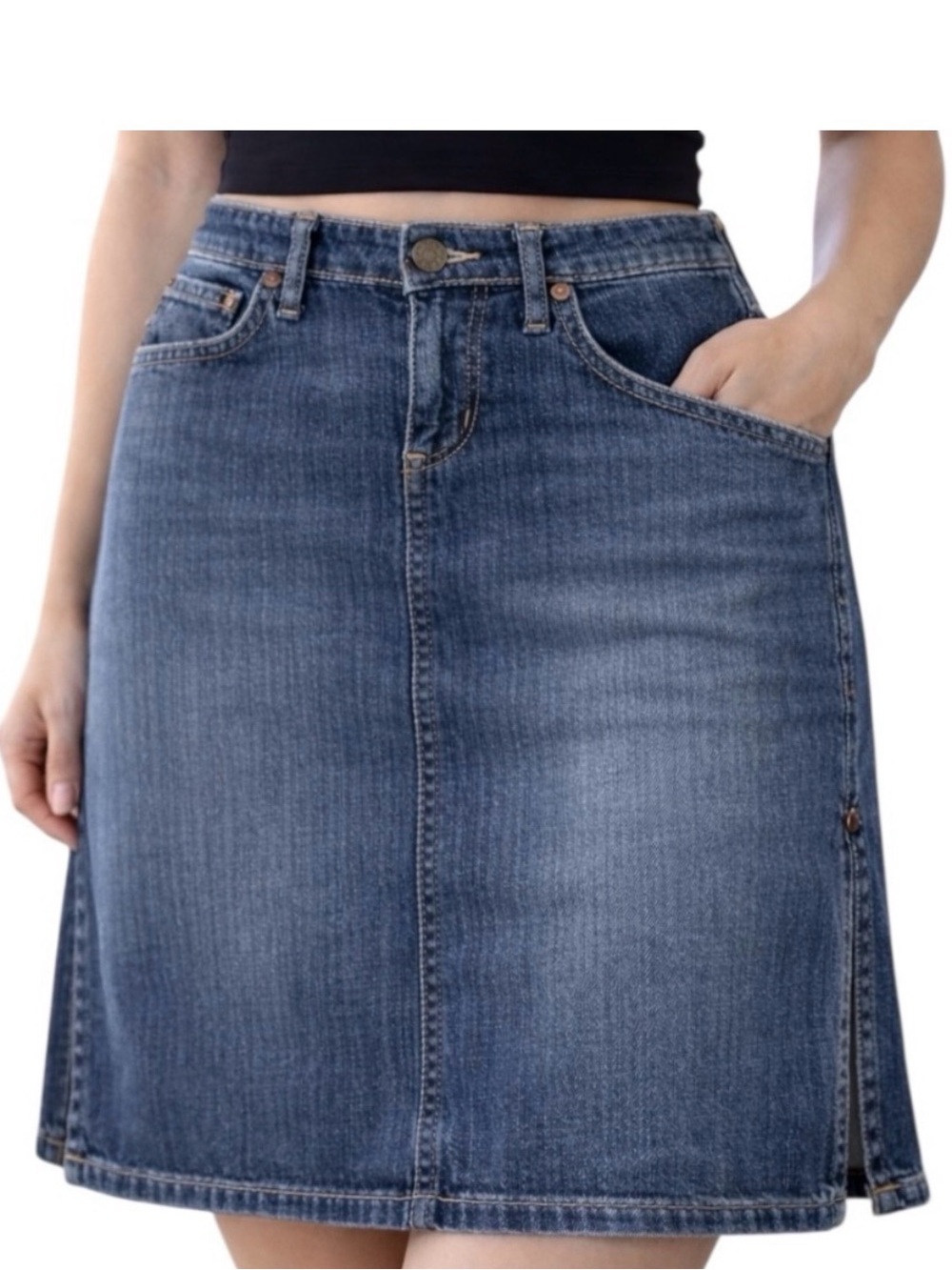 Vintage Express Blue Denim Skirt Size 2 Y2K Medium Wash Cotton Stretch Side Slit